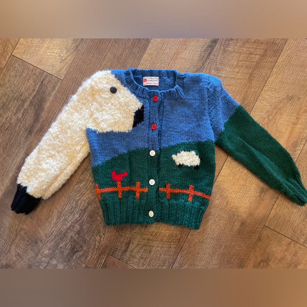Madeline Morris handmade Blue and Cream Knit Cardigan 2-3T